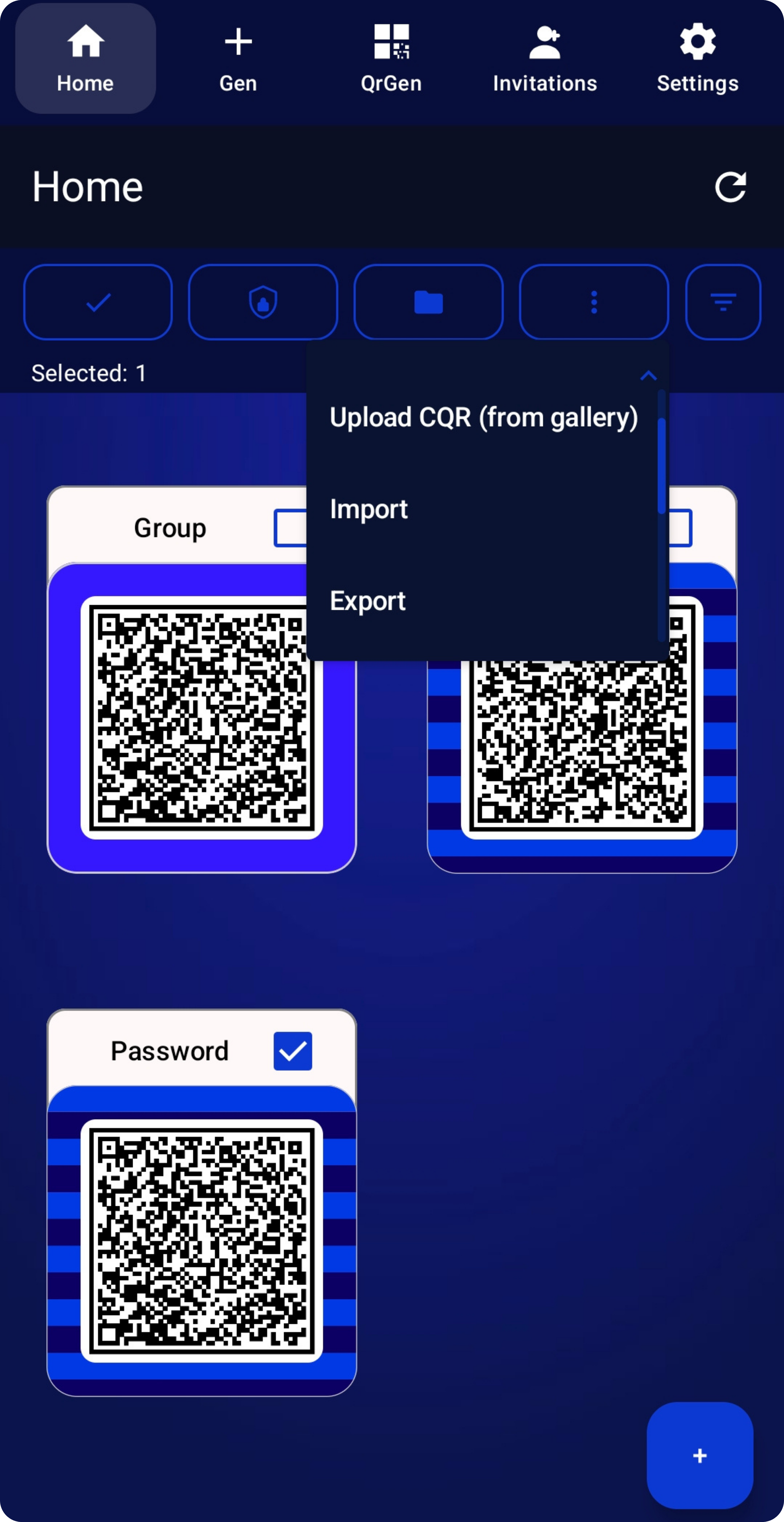 WQR actions menu with upload, import, and export options.