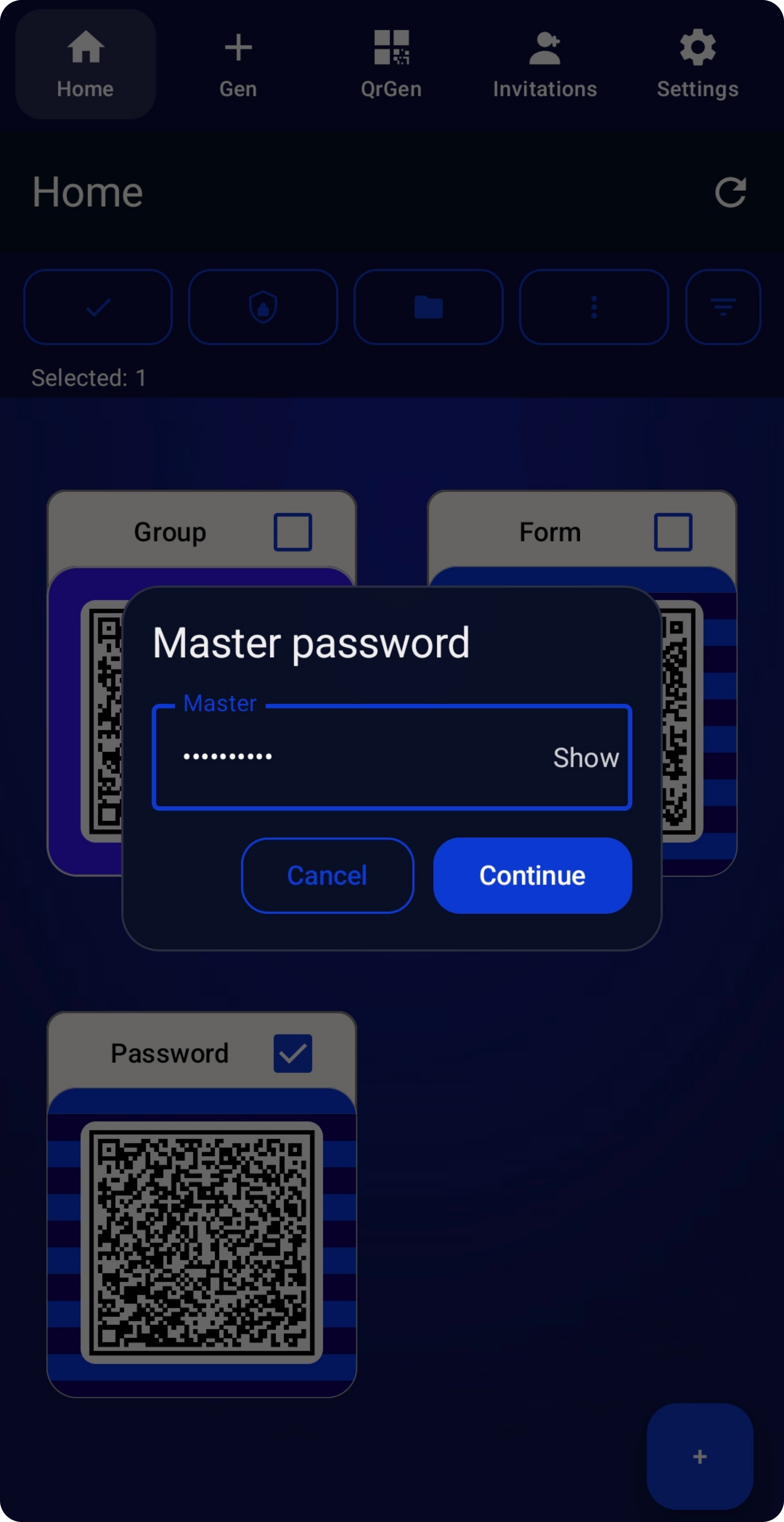 WQR master password dialog shown above vault entries.