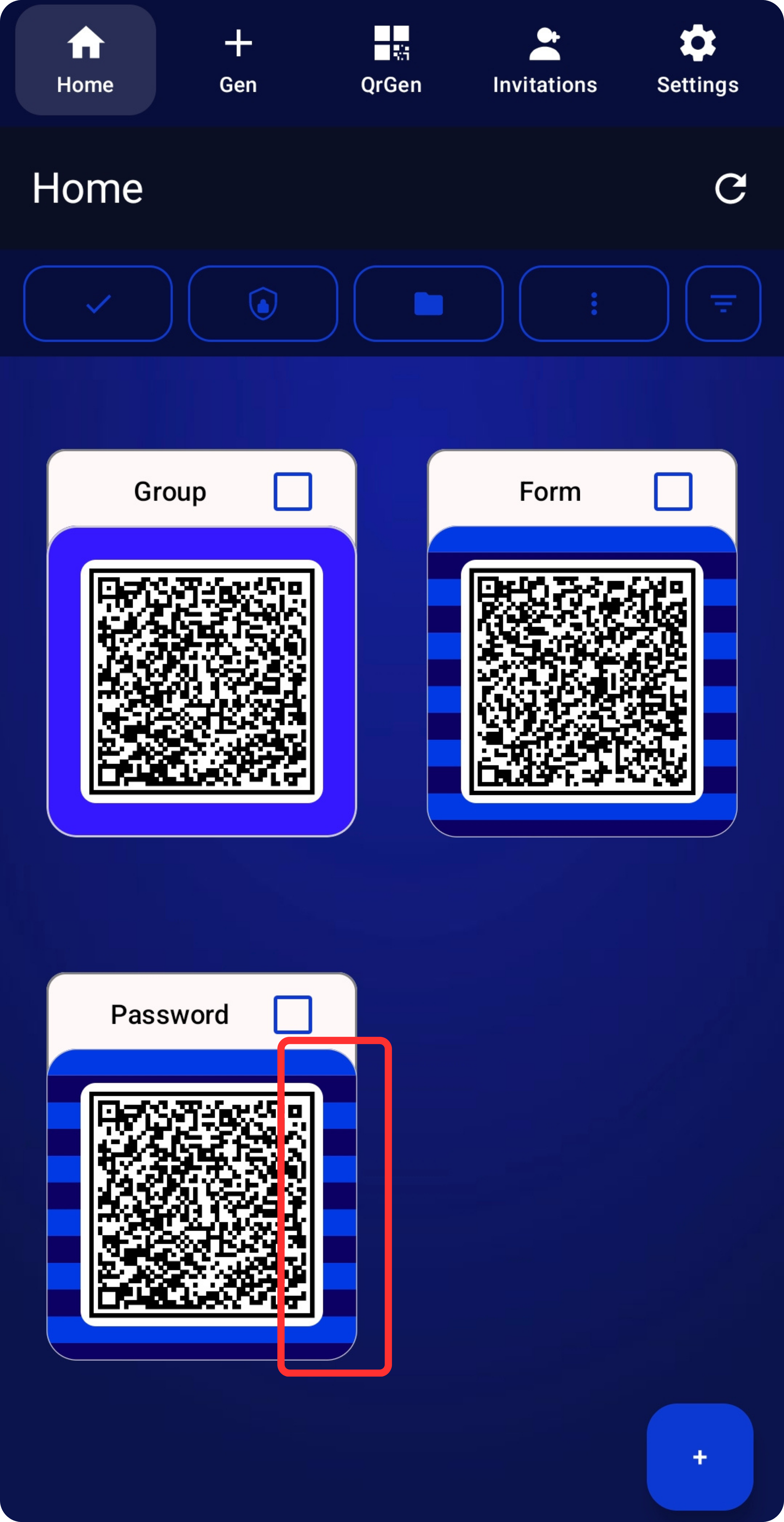 WQR vault gallery showing group, form, and password cards with two-color styling.