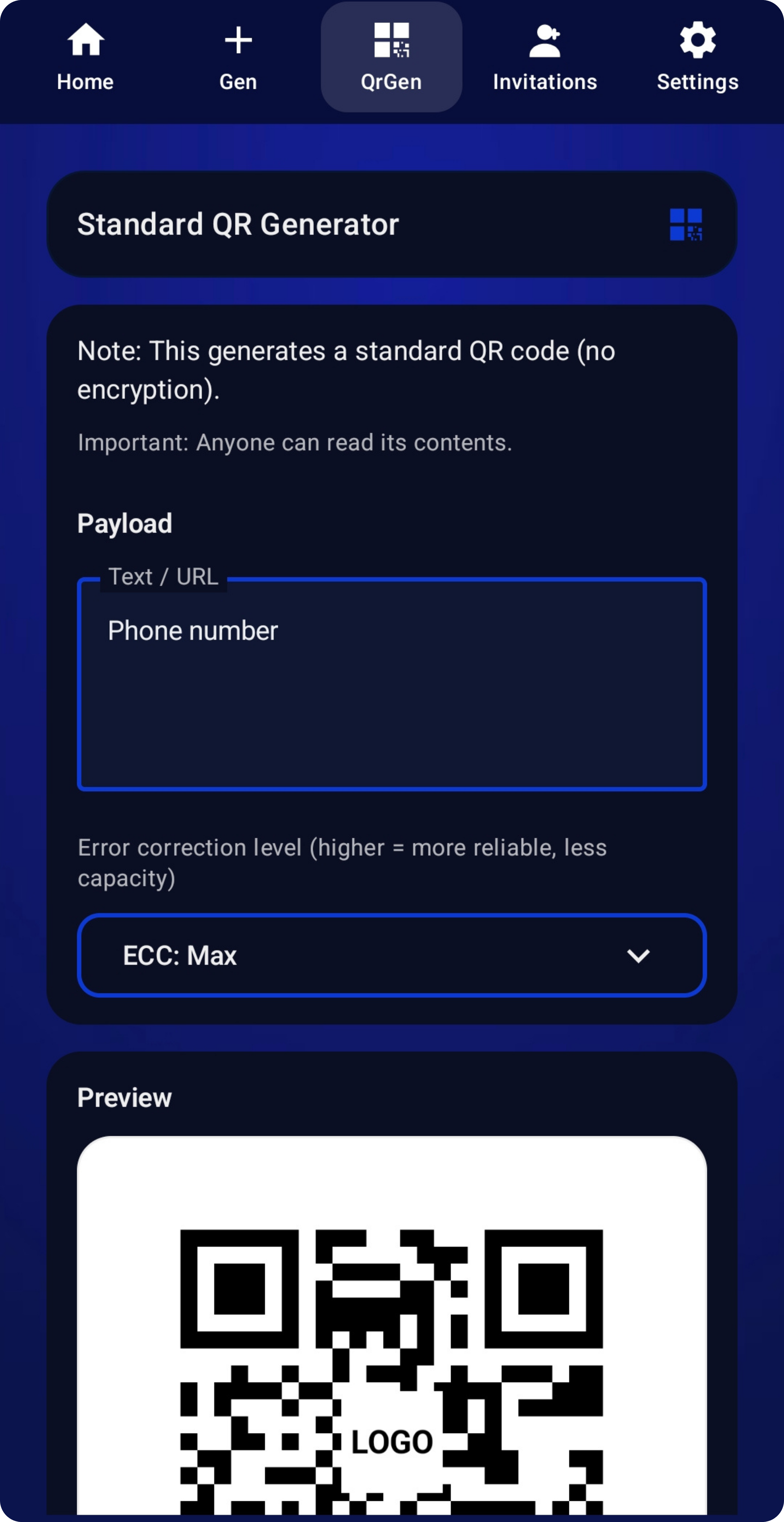 WQR standard QR generator with payload editor and live preview.